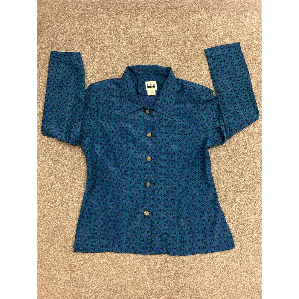 Leslie Fay Blouse Womens 14 Blue Excellent Geometric Button Down Vintage 90s